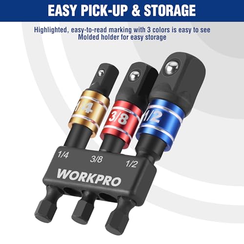 WORKPRO Impact Grade Socket Adapter Set, 1/4", 3/8", & 1/2" Drive, Extension Driver Bit With Holder, for Power Drill to High Torque Impact Wrench - style: 3PCS