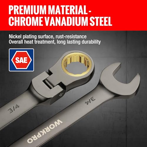WORKPRO 8-piece Flex-Head Ratcheting Combination Wrench Set, SAE 5/16-3/4 in, 72-Teeth, CR-V Constructed, Nickel Plating with Organizer Bag - size: SAE, style: Nickel Plating