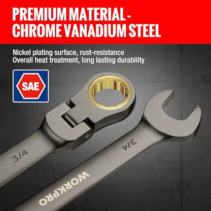 WORKPRO 8-piece Flex-Head Ratcheting Combination Wrench Set, SAE 5/16-3/4 in, 72-Teeth, CR-V Constructed, Nickel Plating with Organizer Bag - size: SAE, style: Nickel Plating