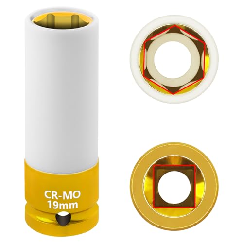 19mm 1/2"Drive Wheel Protector Impact Socket, Lug Nut Impact Socket | 6 Point, Non-Marring, Thin Wall, Deep Socket, Wheel Protector, Protective Socket, Color-Coded, Cr-Mo Steel, Hand Repair Tool - size: 19MM