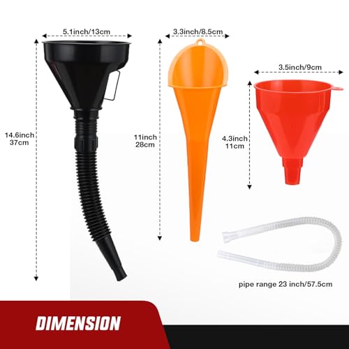 GOOACC 3 Pcs Automotive Funnels Set - Wide Mouth Oil Funnel, Long Neck Fuel Funnel, Flexible Right Angle Funnels for Gas Transfer, Coolant - Heavy Duty Plastic Funnels for Cars Trucks - size: 3PCS