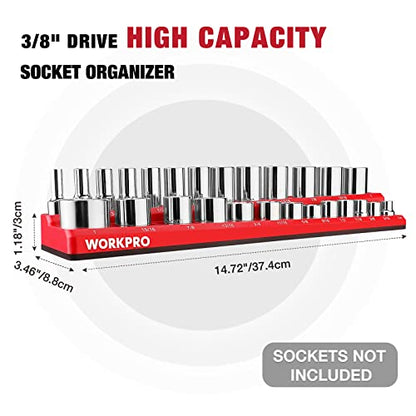 WORKPRO 3/8-inch Magnetic Socket Organizer Set, 2-Piece SAE & Metric Socket Holders, Holds 56 Standard and Deep Sockets for Tool Box, Tool Carts (Sockets Not Included) - size: 3/8" SAE&Metric