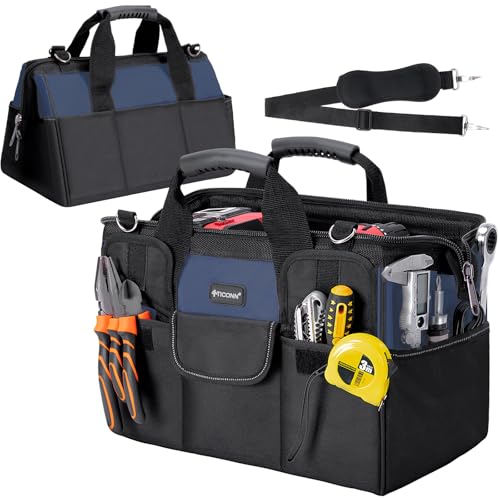 TICONN Heavy Duty Tool Bag with Multi-Pockets, Portable Tool Box Organizer Storage Bag, with Adjustable Shoulder Strap and Ergonomic Handle (Blue, 16" Standard Base) - color: Blue, size: 16" Standard Base