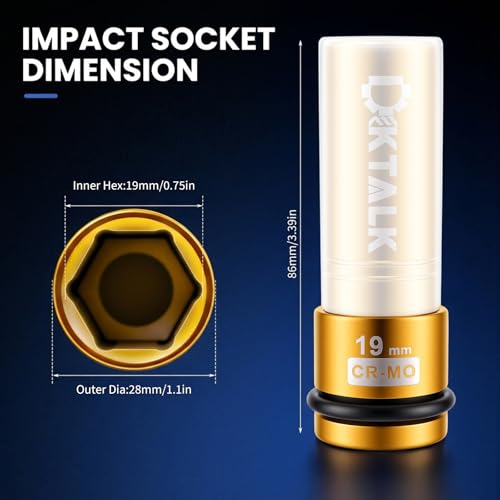 1/2" Drive 19mm Wheel Lug Nut Impact Socket,Color-Coded Non-Marring Deep Thin Wall Socket with Removable Protect Sleeve, 6 Point, Cr-Mo Steel - color: 19mm