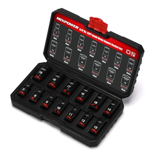 MIXPOWER 13 Pieces 3/8'' Drive Semi-Deep Impact Socket Set,12 Point,Metric,7-19mm,CR-MO,Axle Nut Impact Grade Socket for Easy Removal - size: 7-19mm