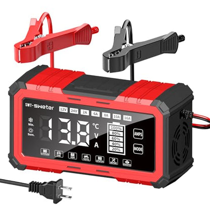 SWTsweter 16A Smart Car Battery Charger,12V/24V Maintainer & Desulfator with 200s Booster Mode - Compatible with 12.6V Lithium-Ion, LiFePO4, AGM, Gel, Lead-Acid for Truck, Motorcycle, RV, Lawn Mower