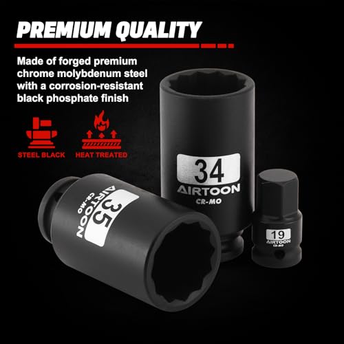 1/2" Drive 12-Point Axle Nut Spindle Impact Socket Set, 8-Piece Deep Impact Socket Set, Cr-Mo, 14mm 17mm 19mm, 30mm 32mm 34mm 35mm 36mm Metric Socket, With Storage Case - size: 30MM-36MM