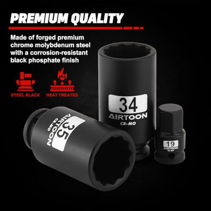 1/2" Drive 12-Point Axle Nut Spindle Impact Socket Set, 8-Piece Deep Impact Socket Set, Cr-Mo, 14mm 17mm 19mm, 30mm 32mm 34mm 35mm 36mm Metric Socket, With Storage Case - size: 30MM-36MM