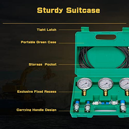 Hydraulic Pressure Test Kit 250/400/600bar, Hydraulic Test Gauge Kit with 6 Couplings, 3 Test Hoses, 3 Pressure Gauges - size: 13PCS - 3Guages