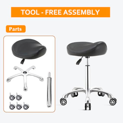 Saddle Stool Chair with Wheels,Ergonomic Swivel Rolling Height Adjustable for Salon Beauty Clinic Dentist Tattoo Home Office - color: Black, size: No Backrest