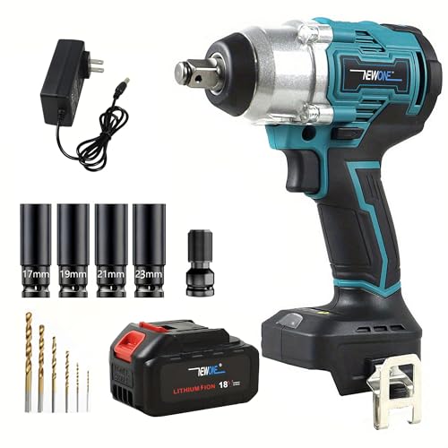 NEWONE 20v Brushless Crodless Impact Wrench, 370 Ft-lbs (500N.m) Impact Gun 1/2 inch with 1pcs 4.0AH Battery,6pcs Drill/Driver Bits,4 Sockets,Charger - color: Blue and Black