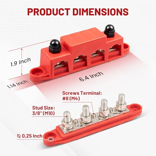 RED WOLF Bar Bus 4 x 3/8" Power Distribution Block, 3 x #8(M4) Screws Terminals Max 48V 150A Power Distribution Block Battery Buss Bar with Cover for Marine Automotive Solar Wiring