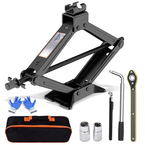 Car Jack Kit, Scissor Jack for Car 2 Ton (4409 lbs), Portable Tire Changing Kit with Scissor Jack, Ratchet Wrench, Lug Wrench, Gloves, Pencil Tire Pressure Gauge for Car/MPV/SUV