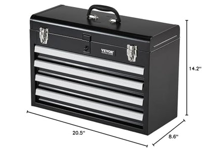 VEVOR Metal Tool Box, 20.5-inch, Portable Metal Tool Box with 4 Drawers, Small Tool Chest with EVA Liners, Ball Bearing Slide Drawers Locking & Powder Coated Finish, Multi-Function Tool Organizer - size: 4 Drawers-Black