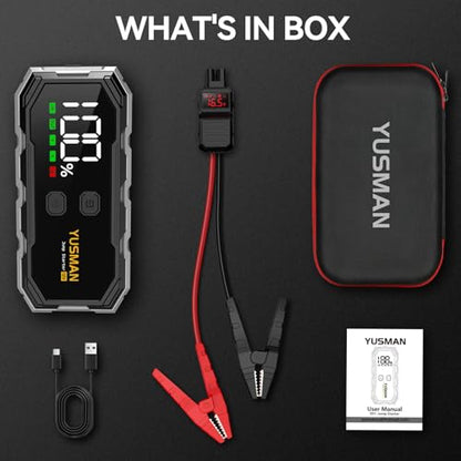 YUSMAN Car Jump Starter, 8000A 12V Jump Battery Pack (All Gas/10.0L Diesel), Portable Jump Starter with Display, Car Jump Starter with Extended Smart Cables, Quick Charge 3.0, LED Light