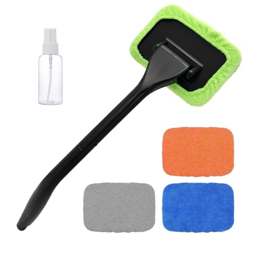 Car Windshield Cleaning Tool, Microfiber Auto Window Cleaner with 4 Cloth Pads & Long Handle, Reusable Window Cleaning Tool Kit for RV SUV Truck, Car Accessories (Green) - color: Green+Gray+Blue+Orange