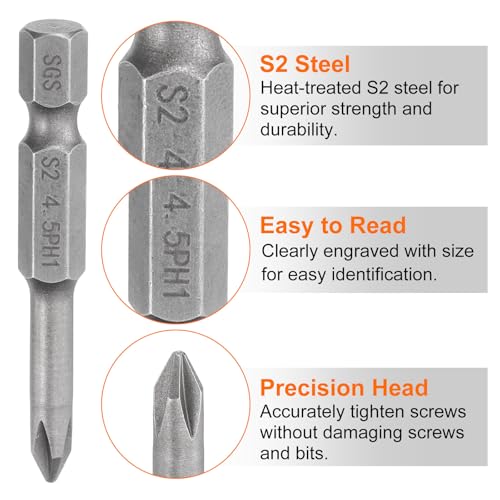 HARFINGTON 5pcs #1 Phillips Screwdriver Bit PH1 1/4" Hex Shank 2" (50mm) Long Magnetic S2 Steel Industrial Grade Screw Driver Bit Cross Head Electric Drill Bits 0.177" (4.5mm) Rod - size: PH1 x 50mm x 4.5mm