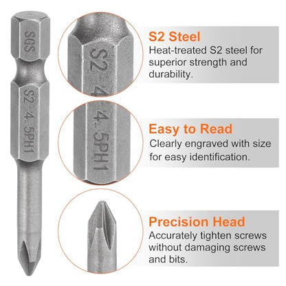 HARFINGTON 5pcs #1 Phillips Screwdriver Bit PH1 1/4" Hex Shank 2" (50mm) Long Magnetic S2 Steel Industrial Grade Screw Driver Bit Cross Head Electric Drill Bits 0.177" (4.5mm) Rod - size: PH1 x 50mm x 4.5mm