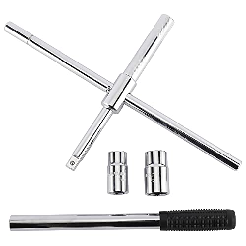 Toolly 23" Universal Extended Lug Wrench, 4 Way Tire Iron Nut Wrench Set with Storage Bag and Standard Sockets (17mm/19mm,21mm/23mm)