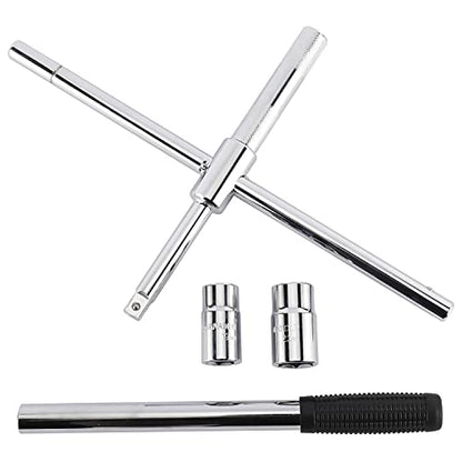 Toolly 23" Universal Extended Lug Wrench, 4 Way Tire Iron Nut Wrench Set with Storage Bag and Standard Sockets (17mm/19mm,21mm/23mm)