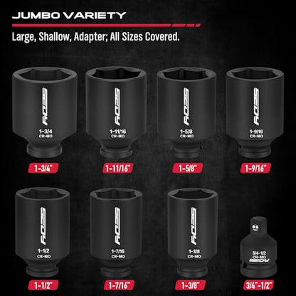 SAE Deep Impact Socket Set 8-Piece 1/2-inch Drive Wheel Axle Nut Wrench Large Sockets Standard Adapter 1-11/16 1-9/16 1-3/8 1-7/16 1-1/2 1-5/8 1-3/4 Imperial Spindle Joint Torque Bearing Locknut Truck - style: 1/2" | 8-Piece SAE Jumbo