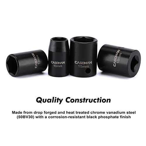 CASOMAN 13 Pieces 3/8-Inch Drive Impact Socket Set, 6-Point, Metric, Shallow, CR-V, 7mm to 19mm, Heavy Duty Blow Molded Storage Case - size: Shallow