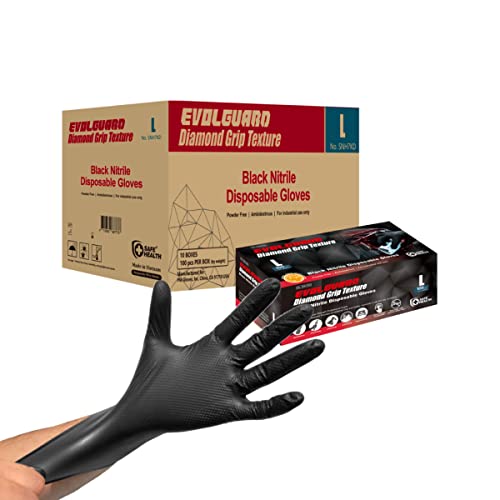 Safe Health Nitrile Industrial Disposable Gloves, Black 6 Mil, Orange 8 Mil, Diamond Textured - color: Black 1 Case of 1000 Pcs-large