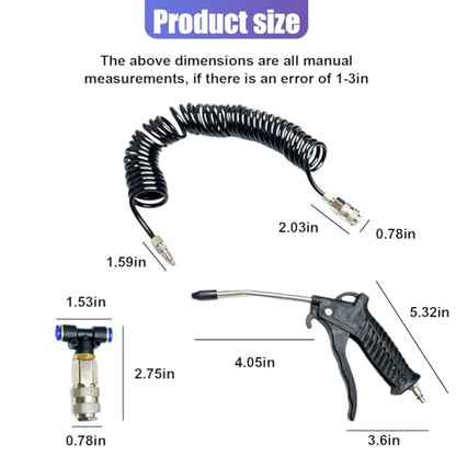 Air Blow Gun Kit, Heavy Duty Seat Blow Spray Tool with 16FT Long Coil Air Hose & T Adapter, Pneumatic Duster Gun Cleaning Nozzle Kit for Cars, Trucks, Semi Trailers