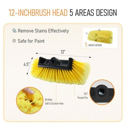 Five-Sided Car Wash Brush with 56" Long Handle | Car Wash 12" Dip Soft Five-Sided Brush | No Scratch Soft Bristle Brush for Car, RV, Boat, Solar Panel House Siding, Snow, Floors Washing - size: 12"