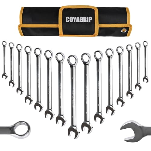 Metric Combination Wrench Set, 15-Piece 8, 9, 10, 11, 12, 13, 14, 15, 16, 17, 18, 19, 20, 21, 22mm, Chrome Vanadium Steel with 12-Point Box End, 15-Degree Offset, Mirror Polished, with Rolling Pouch - size: Metric-15 piece set