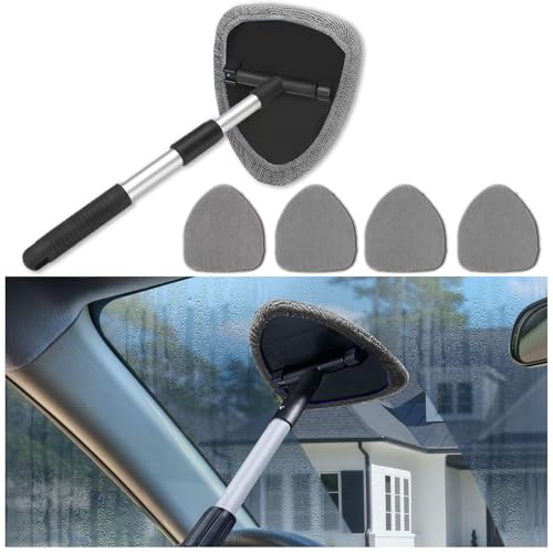 Windshield Cleaner Tool - Portable Car Interior Window Cleaning Kit with Extendable Handle, 4 Microfiber Towel Pads, Auto Glass Wiper for Windshield, Universal for RV, SUV, Truck (Gray) - color: Gray