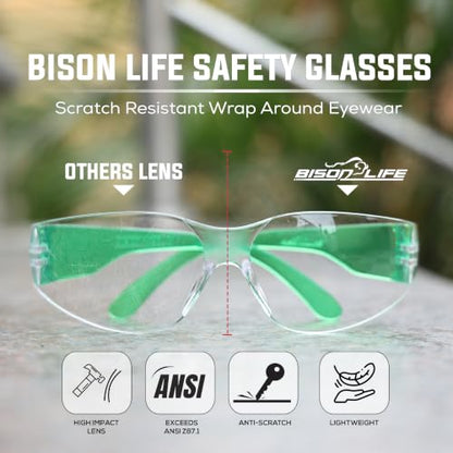 BISON LIFE Clear Safety Glasses – ANSI Z87.1 Certified Scratch & Impact Resistant Eye Protection Goggles for Men & Women - color: Clear/Green