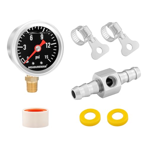 MEASUREMAN 0-15 Psi Glycerin Filled Fuel Pressure Gauge, 1.5” Dial, 304 Stainless Steel Case, 1/8” NPT Lower Mount, with 3/8” Fuel Line Adapter, Copper Tube & Fittings, Red Aluminum Pointer - size: 0-15 psi, style: Lower Mount (7 Pieces Kit Black)