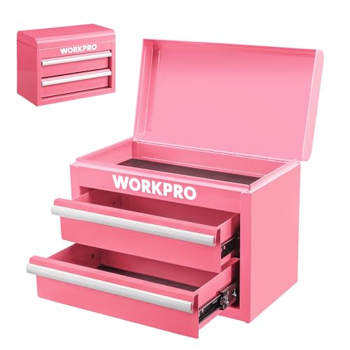 WORKPRO Metal Mini Tool Box, Top Tool Chest containing Two Drawers with Ball Bearing Slides, PVC Drawer Liners and PP Feet Pads, Cold Rolled Steel Small Toolbox for Multi-Purpose Storage - Pink Ribbon - color: Pink