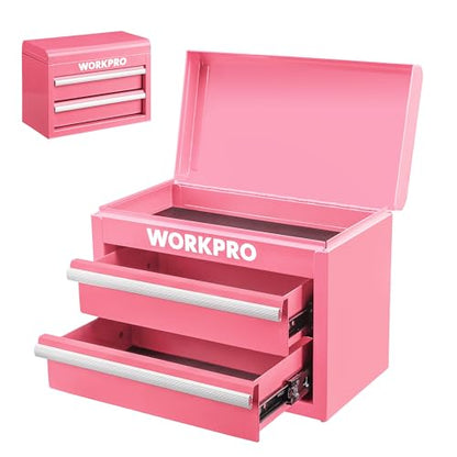 WORKPRO Metal Mini Tool Box with 2 Drawers and Top Storage | Cold Rolled Steel Toolbox, Ball Bearing Slides, PVC Drawer Liners, PP Feet Pads, Durable Storage - color: Pink
