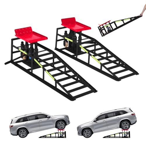 Heavy Duty Hydraulic Car Ramps 2 Pack, 5 Ton Capacity 9-15 Inch Lift for Cars SUVs Trucks with Rolling Wheels & Reflective Strips for Oil Changes Tire Rotations - color: Red With Rolling Wheels