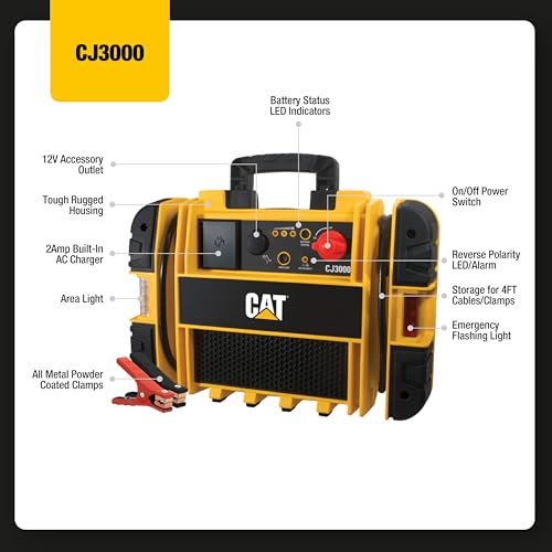 CAT CJ3000 Professional Jump Starter 1000 Peak Amp Battery Booster, Built-In Power Switch, Battery Clamps, Yellow
