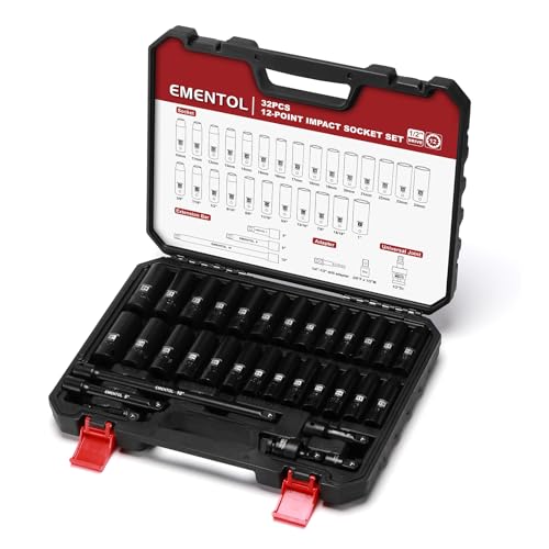 EMENTOL 32PCS 1/2" Drive Socket Set, Deep Impact Sockets, SAE(3/8"-1") and Metric(10-24mm), Including Extension Bars, Universal Joint, Drill&Socket Adapter, 12 Point Design, Cr-V Steel - size: 1/2" Drive Metric(10-24mm) & SAE(3/8"-1"),Deep
