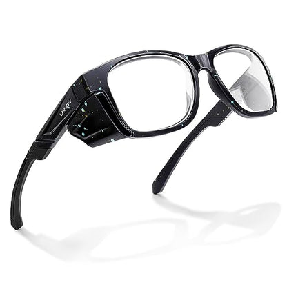 UKNOW Safety Glasses - Anti Fog Lenses - Eye Protection with Side Shields - ANSI Z87.1 Protective Eyewear - UV Protection - color: Black With Blue & Yellow Splatters