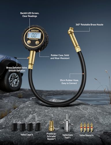 AstroAI Tire Pressure Gauge for Cars with Backlit LED, Solid Brass with Rubber Hose, Air Bleeder Valve, ANSI B40.7 Grade 2A(±0.5%), 3-250PSI - size: 3-250PSI