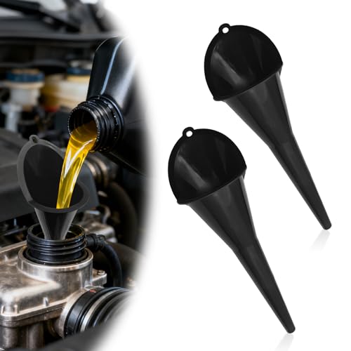 2 Pieces Automotive Plastic Oil Funnels with Long Neck Multi-Function No Spill Design for Gas Coolant Transmission Fluid Engine Oils Fuel Lubricants and Diesel (Black) - color: black