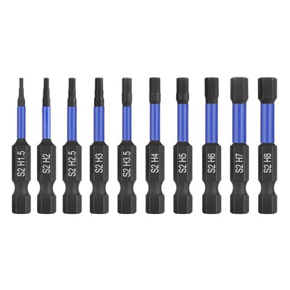 HPHOPE Impact Hex Head Allen Wrench Drill Bit Set 10 Pcs - 2"(Metric) | Premium S2 Steel, CNC Machined Tips wit Magnetism, Storage Box, 1/4" Hex-Shank for Automotive and Home Repairs - size: 50 mm, 10 Pcs, Metric