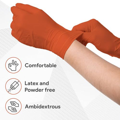 WECARE 8 Mil Nitrile Gloves - Heavy Duty Mechanic Gloves, with Diamond Grip - Powder and Latex Free Disposable Gloves - color: Orange, size: Large