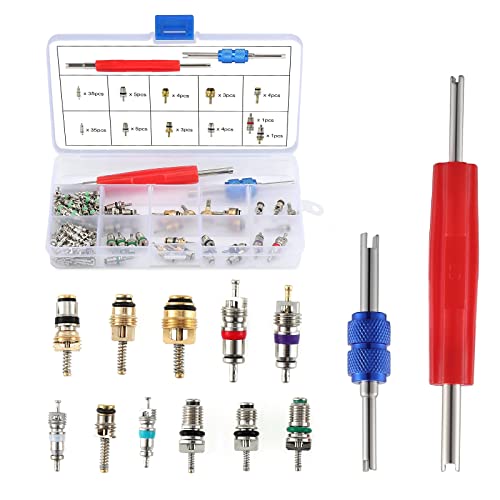 102PCS Car Air Conditioner Valve Core R12 R134a Automotive Air Conditioning Refrigeration Tire Valve Stem with Double Head Dual Dismantling Remover Tool Assortment Kit - color: 102PCS