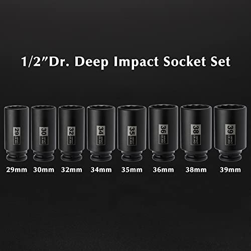 EMENTOL 8PCS 1/2" Drive Deep Spindle Axle Nut Impact Socket Set, CR-MO, 12 Point, Metric, Deep Socket Impact Socket Set-29,30 32, 34, 35, 36, 38, 39mm - size: 8PCS (29mm - 39mm)
