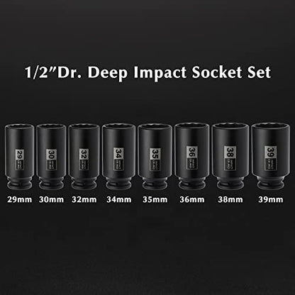 EMENTOL 8PCS 1/2" Drive Deep Spindle Axle Nut Impact Socket Set, CR-MO, 12 Point, Metric, Deep Socket Impact Socket Set-29,30 32, 34, 35, 36, 38, 39mm - size: 8PCS (29mm - 39mm)