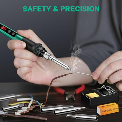 Soldering Iron Kit, 70W Soldering Gun with LED Digital Display, Adjustable Temperature 356-932℉ Solder Kit for Electronics, Includes 5pcs Tips, Stand, Solder Wire, Sponge, Paste, Green - color: Green
