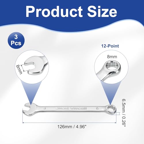 HARFINGTON 3Pcs Combination Wrench 8mm Metric 12-Point Box and Open End CR-V Steel Double Ended Spanner Tool for Automotive Pipe Furniture Machinery DIY Repair, Silver White - size: 8mm