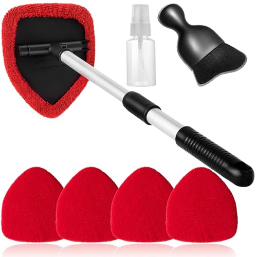 Qydipclin 7pcs Windshield Cleaner Tool Car Window Cleaning Wash Kit with 4 Reusable Microfiber Pads 1 Spray Bottle and Extendable Handle Auto Glass Wiper Kit, Red - color: Red