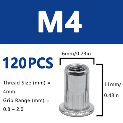 M4 Rivet Nuts, 120Pcs 304 Stainless Steel Flat Head Rivnut Threaded Insert Nutsert - color: Silver, size: M4